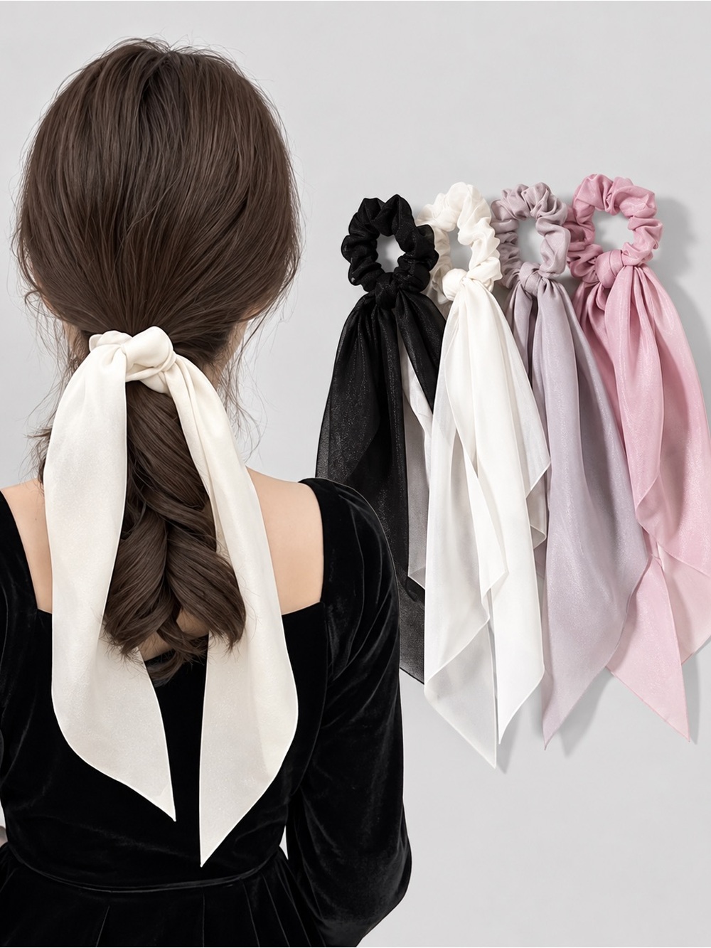 4-Piece Hair Scarf-Tail Ribbon Scrunchie Set – Black White Gray Pale Pink